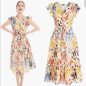 J. Crew Point Sur Tiered Pom Pom Midi Flutter Sleeve Cotton Ikat Dress Size 2